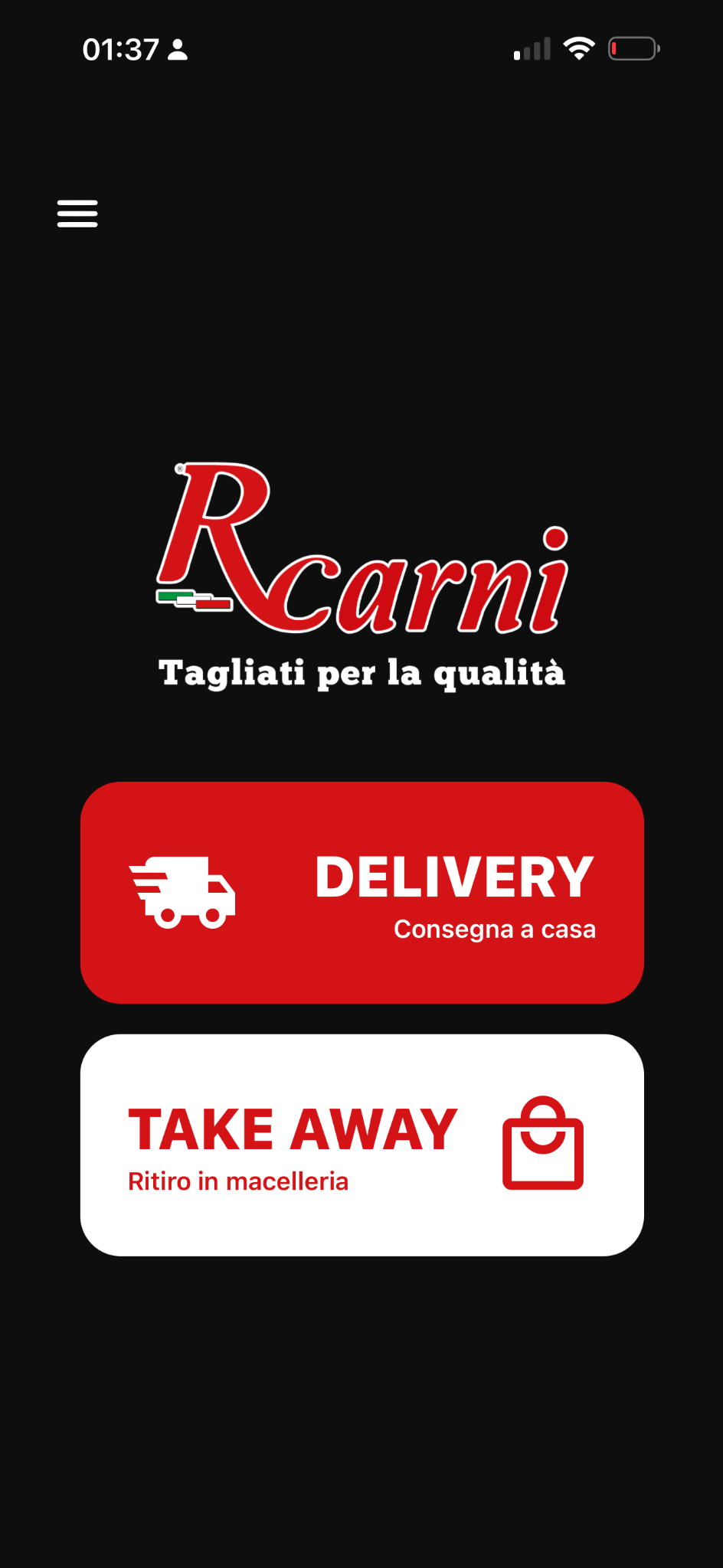 Schermata reale dell'app RCarni: scelta tra Delivery e Take Away
